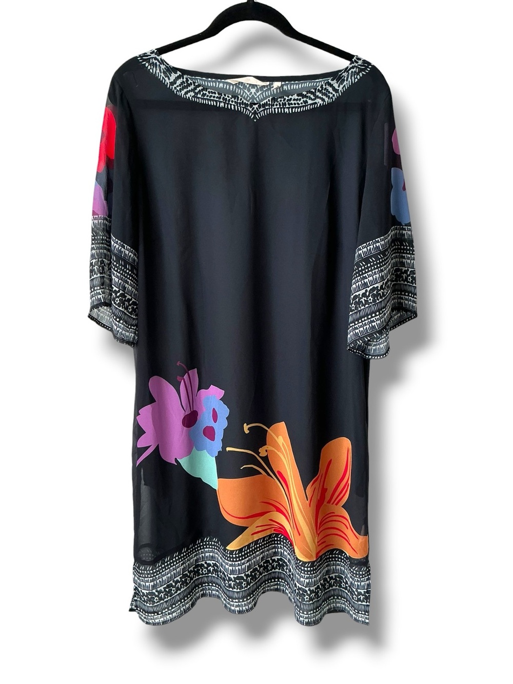 SOFT SURROUNDINGS Hibiscus Floral Chiffon Shift Dress Black Large